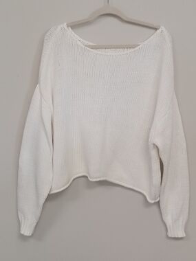 aerie Off Shoulder Open Knit White Pullover Sweater Large Beachy Resort